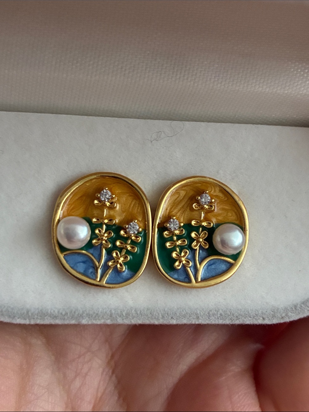Gold Floral Enamel Pearl Stud Earrings in Blue & Green